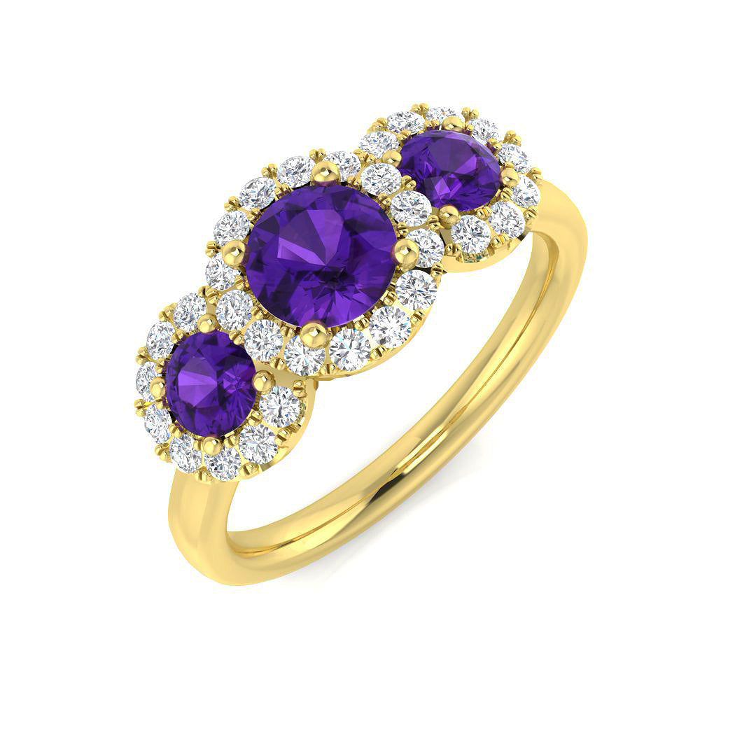 Round Cut Amethyst Halo Ring Trilogy Cluster Ring in 10K/14K gold and platinum with certified lab-grown or natural diamonds