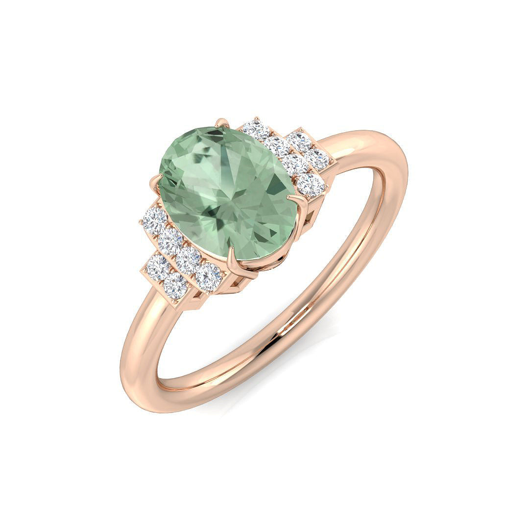 Green Amethyst Oval Cut Ring with Pave Side Accents in 10K/14K gold and platinum with certified lab-grown or natural diamonds