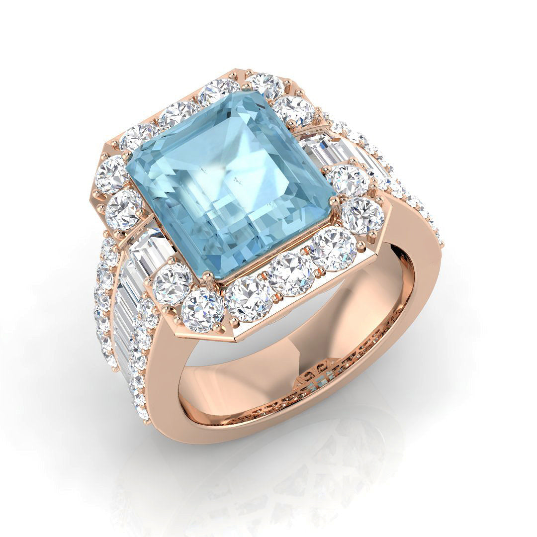 Emerald Cut Aquamarine Ring with Natural Side Stones in 10K/14K gold and platinum with certified lab-grown or natural diamonds