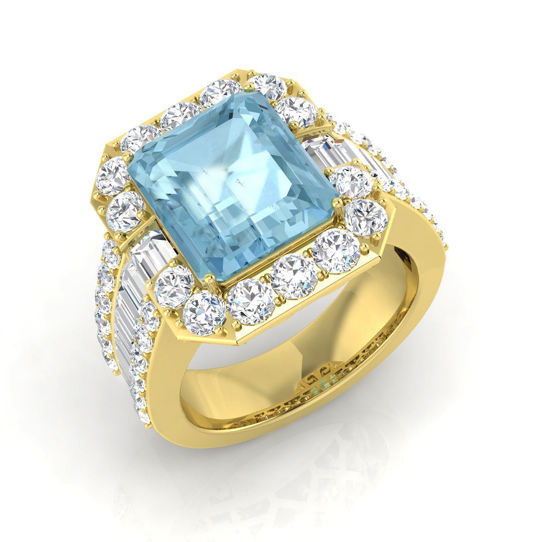 Emerald Cut Aquamarine Ring with Natural Side Stones in 10K/14K gold and platinum with certified lab-grown or natural diamonds