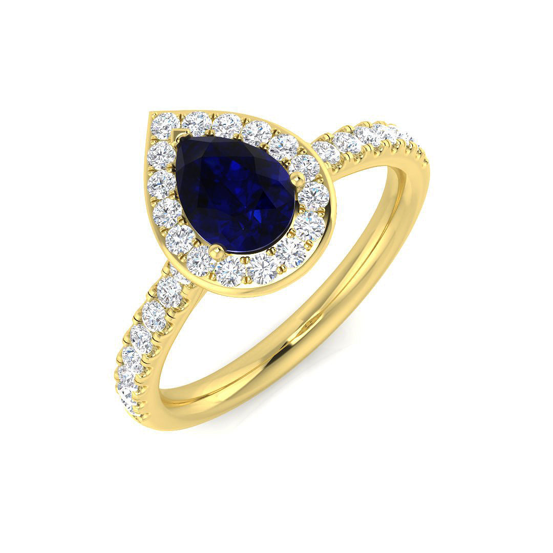 Pear Cut Blue Sapphire Halo Ring with Natural Round Diamond Pave Band in 10K/14K gold and platinum with certified lab-grown or natural diamonds