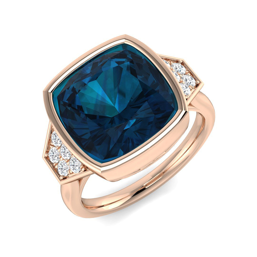 London Blue Topaz Solitaire Ring with Side Accents - UK Hallmarked in 10K/14K gold and platinum with certified lab-grown or natural diamonds