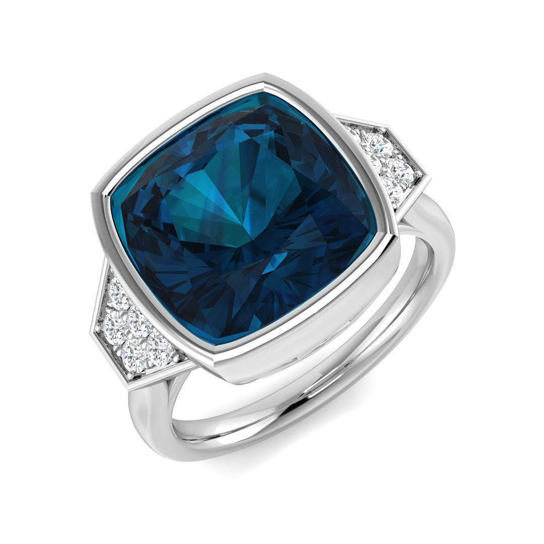 London Blue Topaz Solitaire Ring with Side Accents - UK Hallmarked in 10K/14K gold and platinum with certified lab-grown or natural diamonds