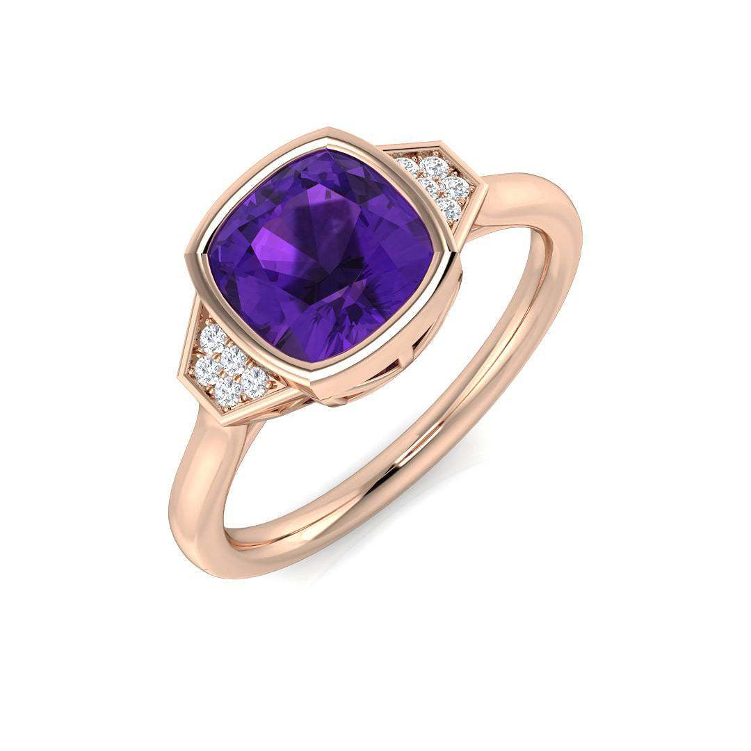 Cushion Cut Amethyst Ring with Round Side Accents in 10K/14K gold and platinum with certified lab-grown or natural diamonds