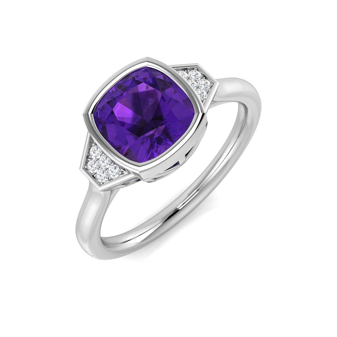 Cushion Cut Amethyst Ring with Round Side Accents in 10K/14K gold and platinum with certified lab-grown or natural diamonds