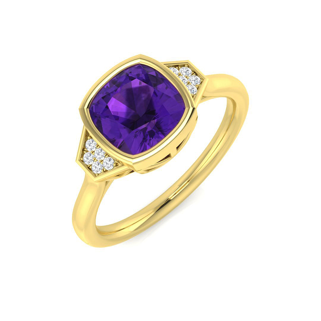 Cushion Cut Amethyst Ring with Round Side Accents in 10K/14K gold and platinum with certified lab-grown or natural diamonds