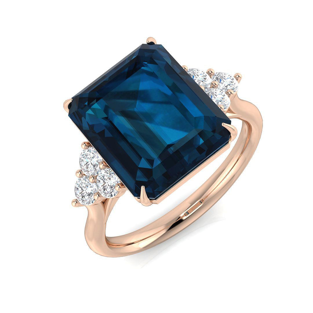London Blue Topaz Solitaire Ring with Diamond Side Accents - UK Made in 10K/14K gold and platinum with certified lab-grown or natural diamonds