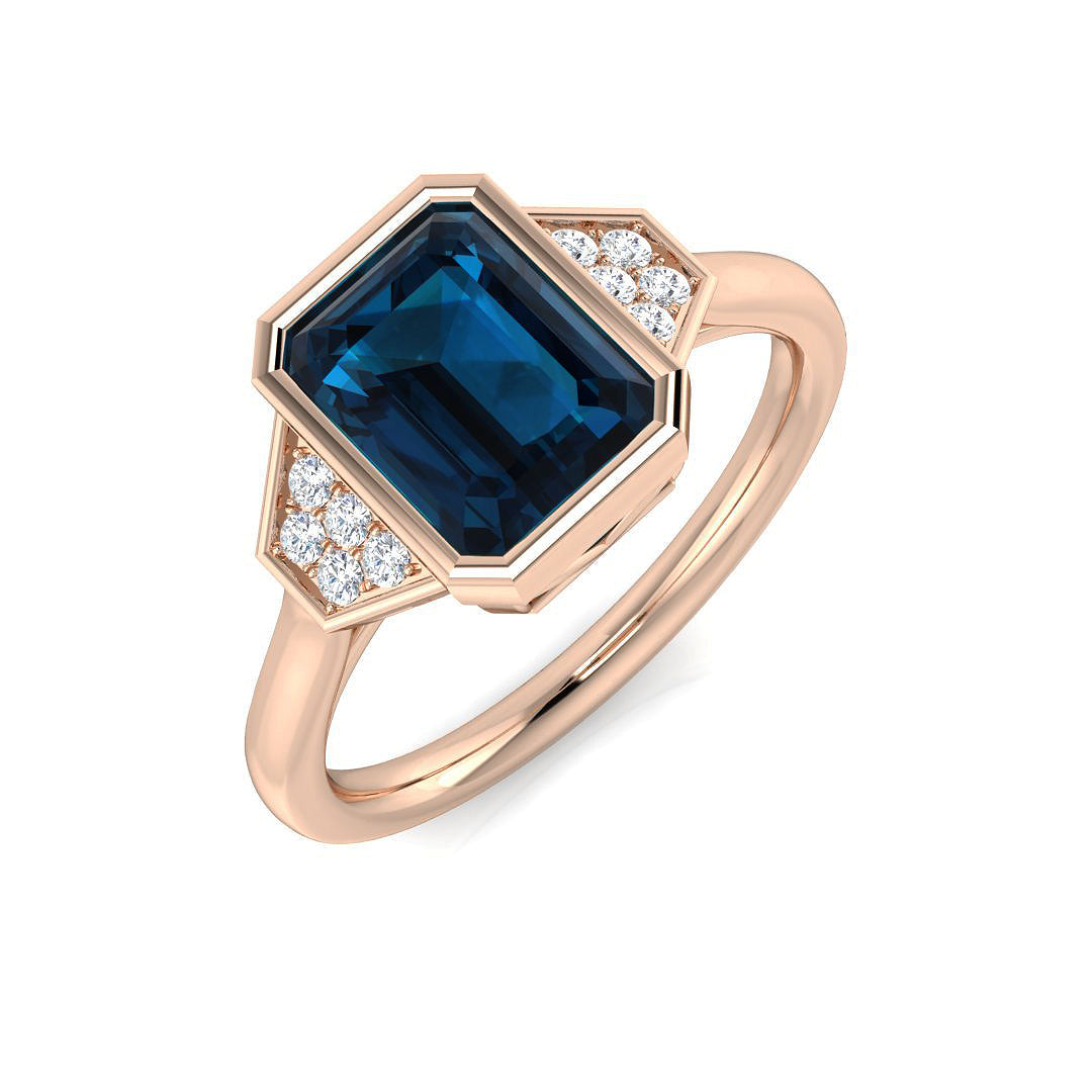 Emerald Cut London Blue Topaz Ring with Round Side Accents in 10K/14K gold and platinum with certified lab-grown or natural diamonds