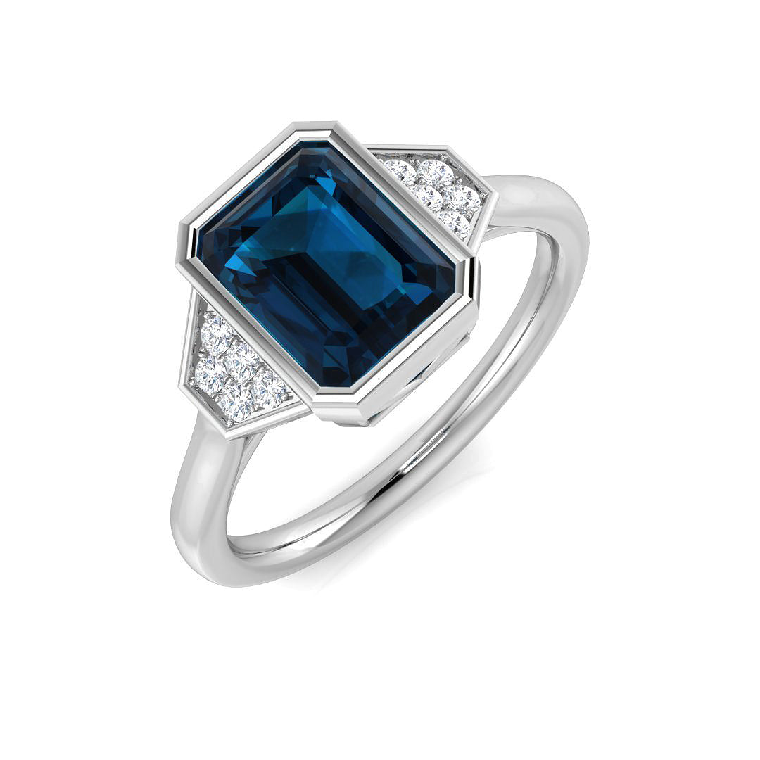 Emerald Cut London Blue Topaz Ring with Round Side Accents in 10K/14K gold and platinum with certified lab-grown or natural diamonds