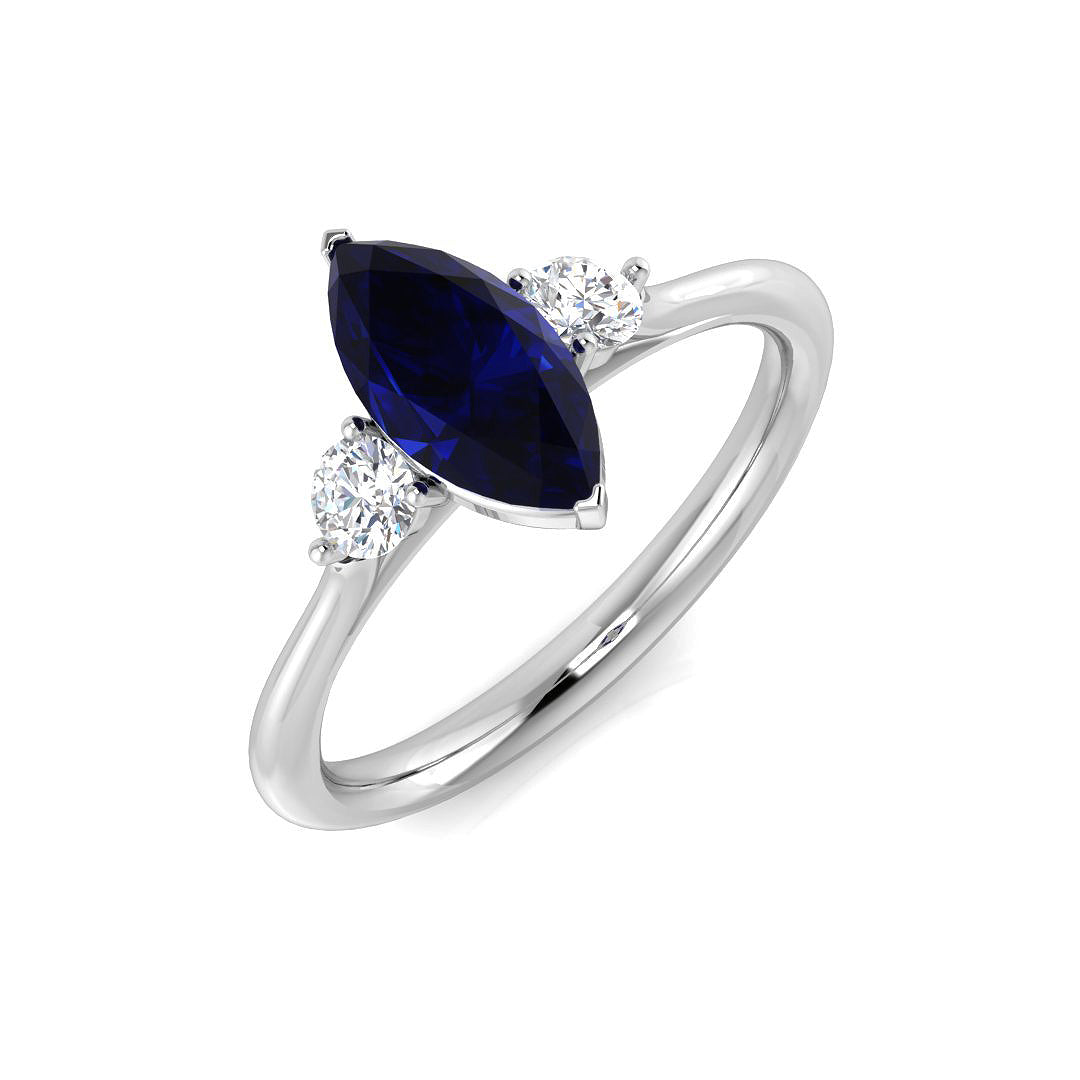 Marquise Blue Sapphire & Round Diamond Three Stone Ring in 10K/14K gold and platinum with certified lab-grown or natural diamonds
