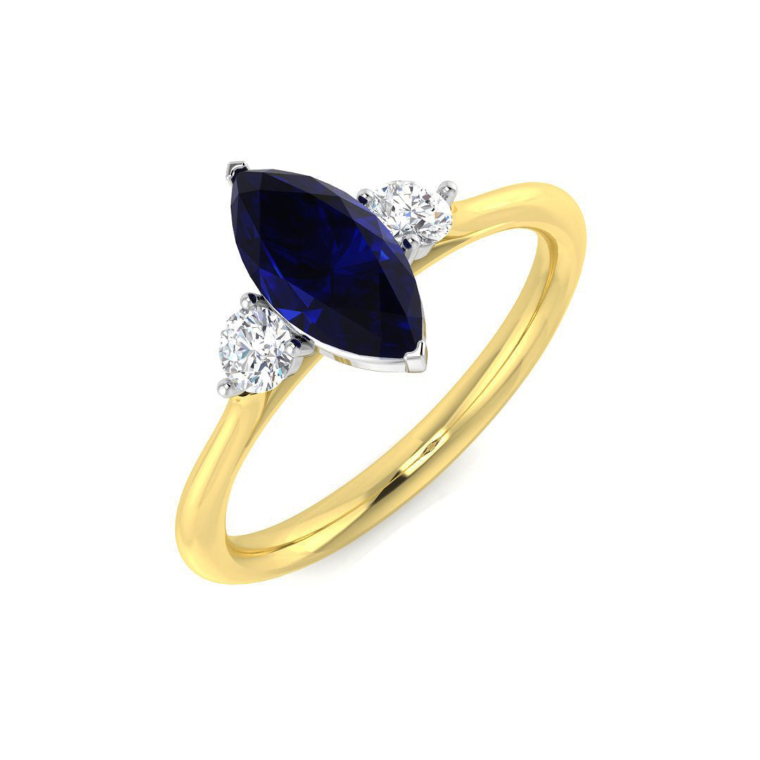 Marquise Blue Sapphire & Round Diamond Three Stone Ring in 10K/14K gold and platinum with certified lab-grown or natural diamonds