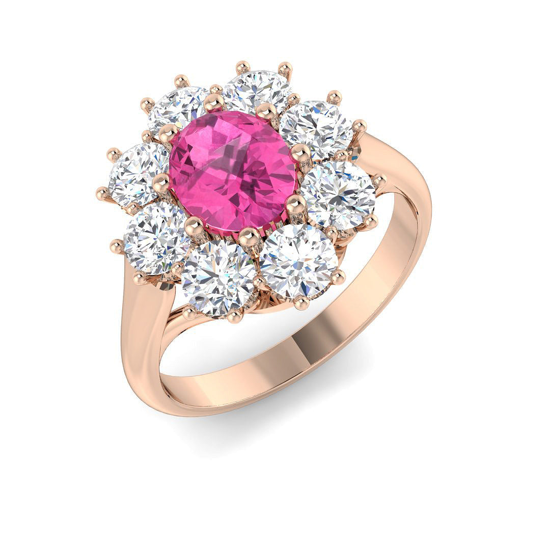 Pink Sapphire Cluster Ring with Diamond Floral Halo in 10K/14K gold and platinum with certified lab-grown or natural diamonds