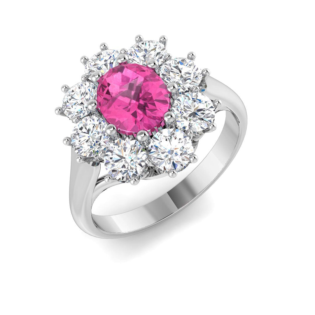 Pink Sapphire Cluster Ring with Diamond Floral Halo in 10K/14K gold and platinum with certified lab-grown or natural diamonds