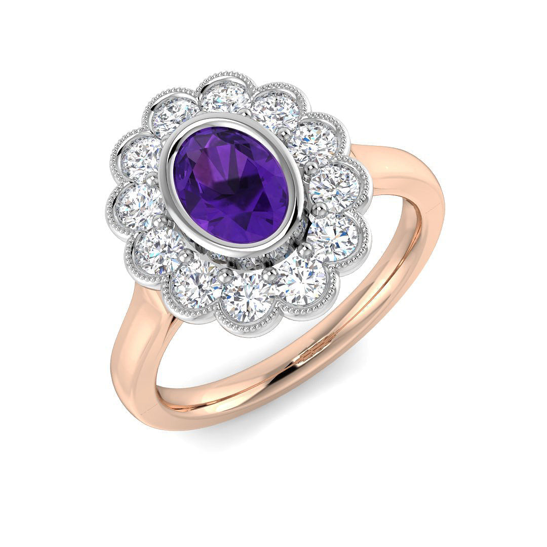 Oval Cut Amethyst Halo Ring in 10K/14K gold and platinum with certified lab-grown or natural diamonds