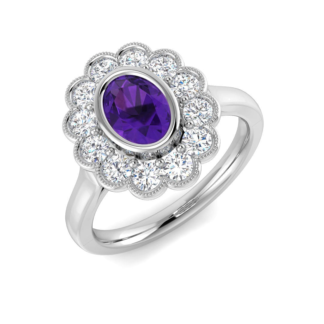 Oval Cut Amethyst Halo Ring in 10K/14K gold and platinum with certified lab-grown or natural diamonds