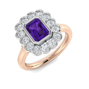 Emerald Cut Solitaire Amethyst Halo Gemstone Ring in 10K/14K gold and platinum with certified lab-grown or natural diamonds