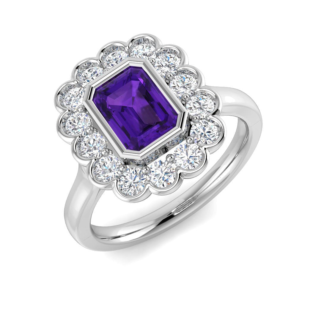 Emerald Cut Solitaire Amethyst Halo Gemstone Ring in 10K/14K gold and platinum with certified lab-grown or natural diamonds