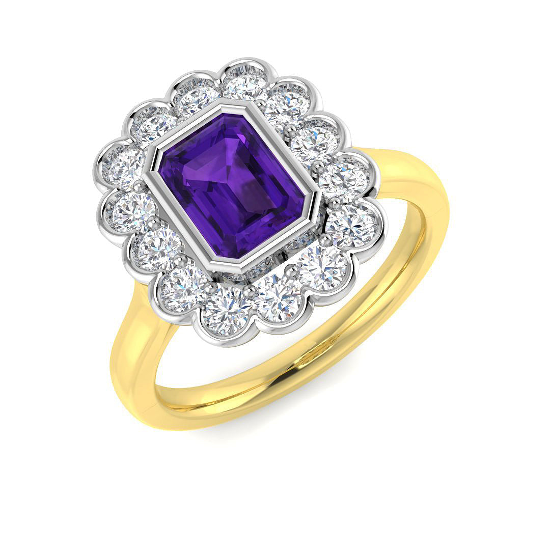 Emerald Cut Solitaire Amethyst Halo Gemstone Ring in 10K/14K gold and platinum with certified lab-grown or natural diamonds