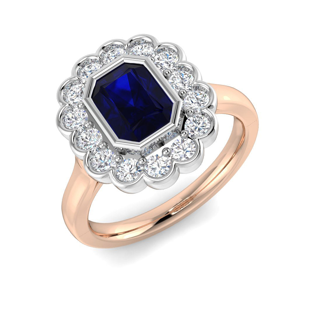 Vintage Emerald Cut Blue Sapphire Halo Ring with Round Diamonds in 10K/14K gold and platinum with certified lab-grown or natural diamonds