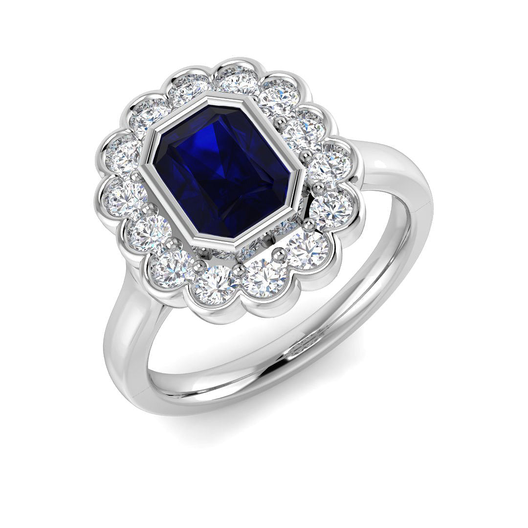 Vintage Emerald Cut Blue Sapphire Halo Ring with Round Diamonds in 10K/14K gold and platinum with certified lab-grown or natural diamonds