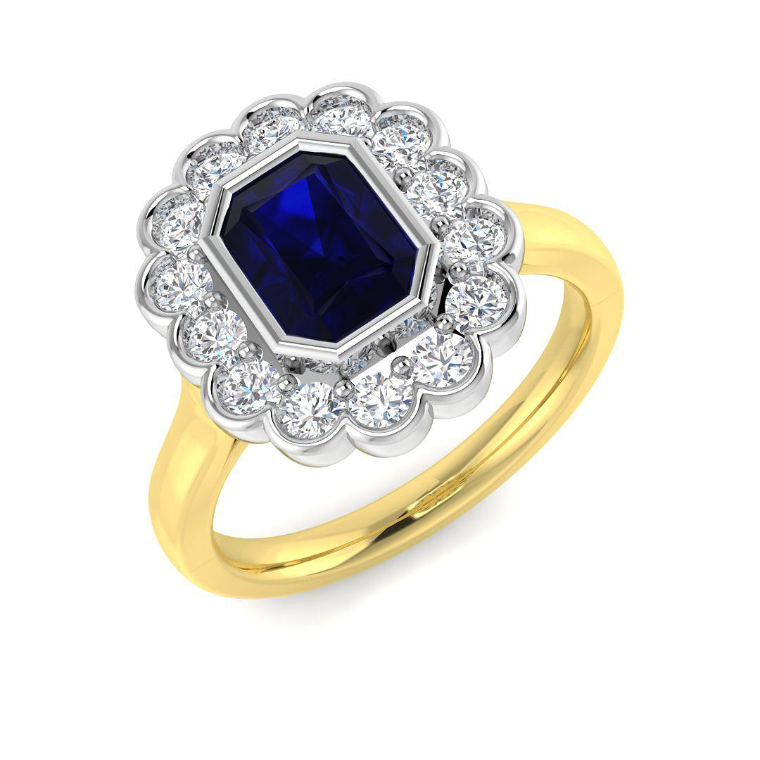 Vintage Emerald Cut Blue Sapphire Halo Ring with Round Diamonds in 10K/14K gold and platinum with certified lab-grown or natural diamonds