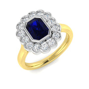 Vintage Emerald Cut Blue Sapphire Halo Ring with Round Diamonds in 10K/14K gold and platinum with certified lab-grown or natural diamonds