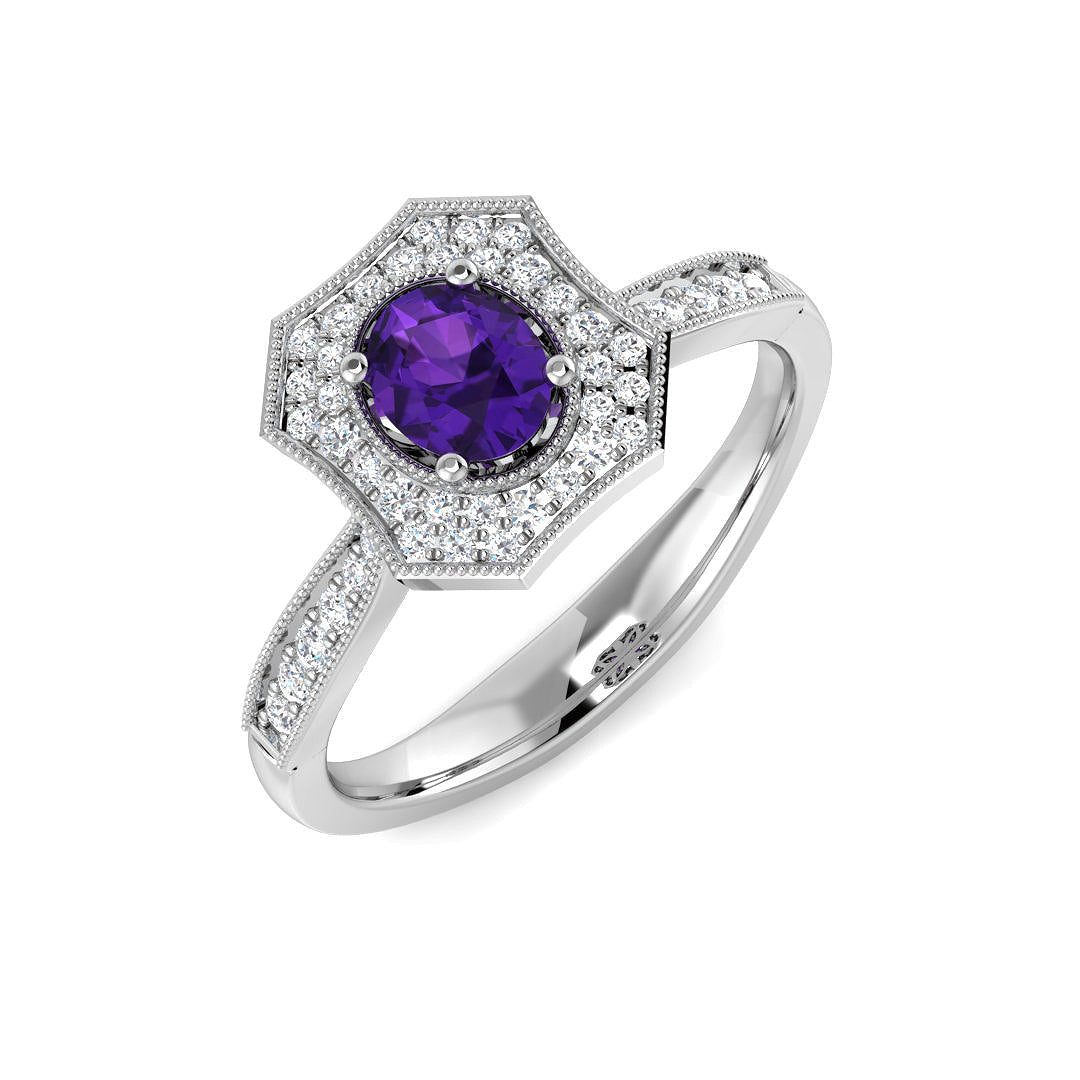 Prong Set Oval Cut Amethyst Solitaire Ring with Side Pave Diamonds in 10K/14K gold and platinum with certified lab-grown or natural diamonds