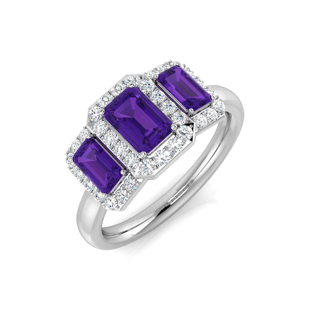 Natural Diamond Three Stone Halo Amethyst Gemstone Engagement Ring in 10K/14K gold and platinum with certified lab-grown or natural diamonds