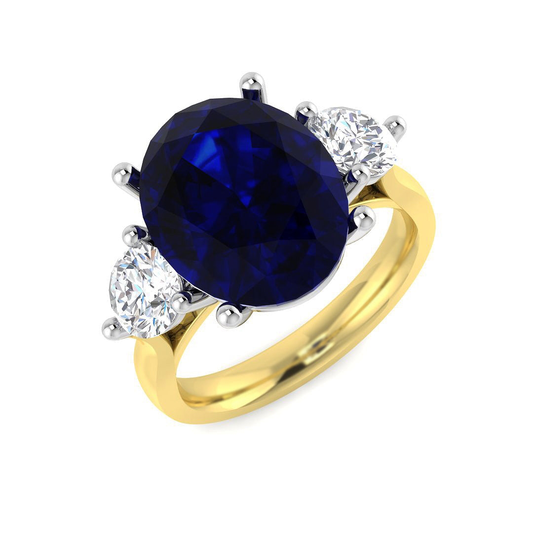 Blue Sapphire Three Stone Ring with Oval Sapphire & Round Diamonds in 10K/14K gold and platinum with certified lab-grown or natural diamonds