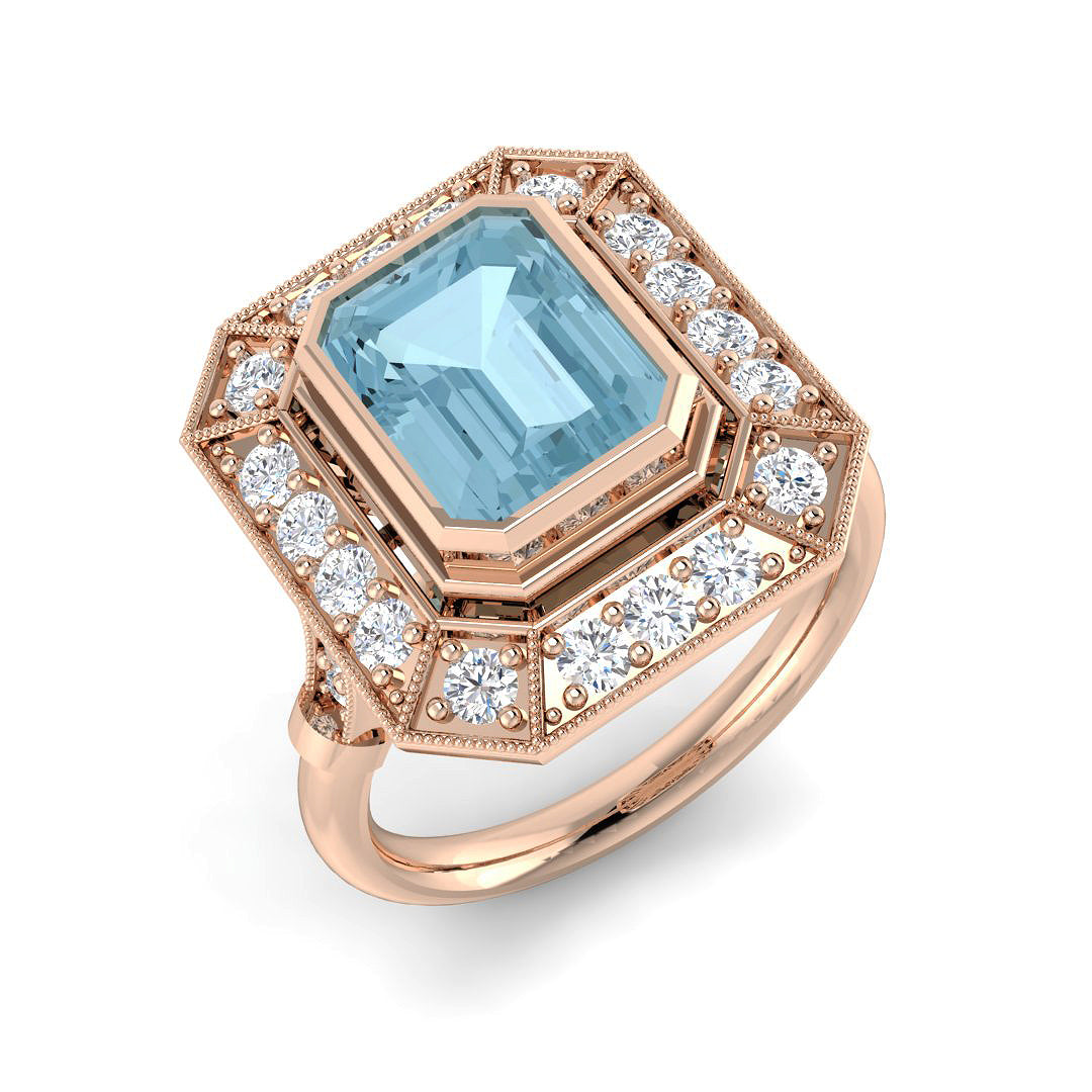Aquamarine Milgrain Diamond Ring in Gold & Platinum - UK Hallmarked in 10K/14K gold and platinum with certified lab-grown or natural diamonds