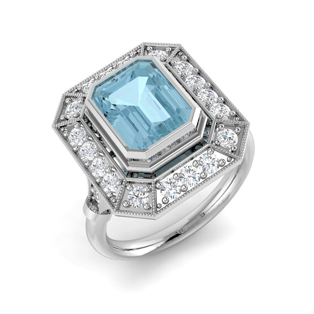 Aquamarine Milgrain Diamond Ring in Gold & Platinum - UK Hallmarked in 10K/14K gold and platinum with certified lab-grown or natural diamonds
