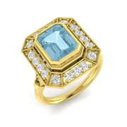 Aquamarine Milgrain Diamond Ring in Gold & Platinum - UK Hallmarked in 10K/14K gold and platinum with certified lab-grown or natural diamonds