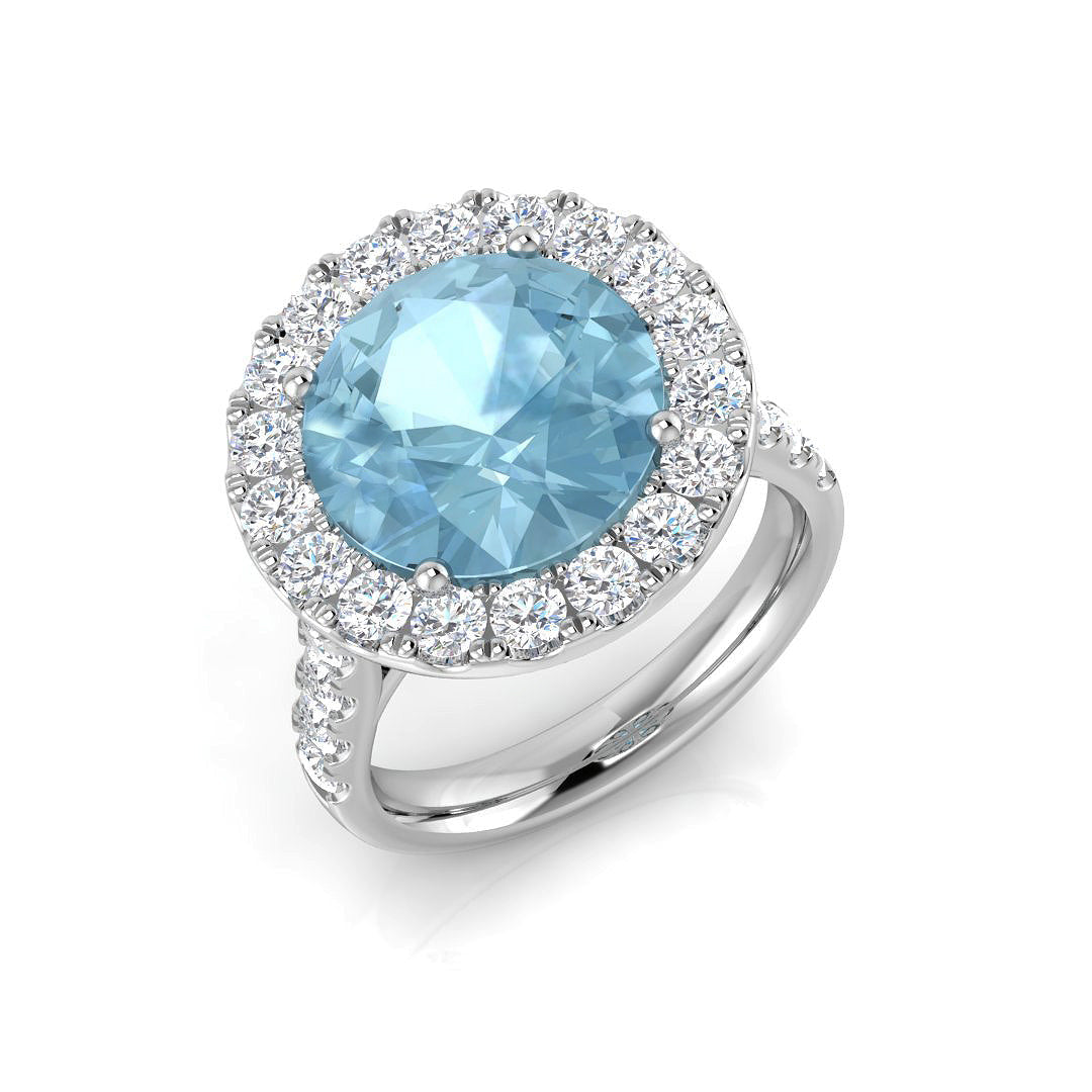 Aquamarine Halo Ring with Diamond Accents in 10K/14K gold and platinum with certified lab-grown or natural diamonds
