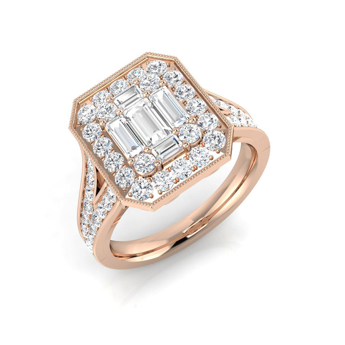 Baguette & Round Diamond Halo Style Ring with Milgrain Detail in 10K/14K gold and platinum with certified lab-grown or natural diamonds