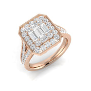 Baguette & Round Diamond Halo Style Ring with Milgrain Detail in 10K/14K gold and platinum with certified lab-grown or natural diamonds