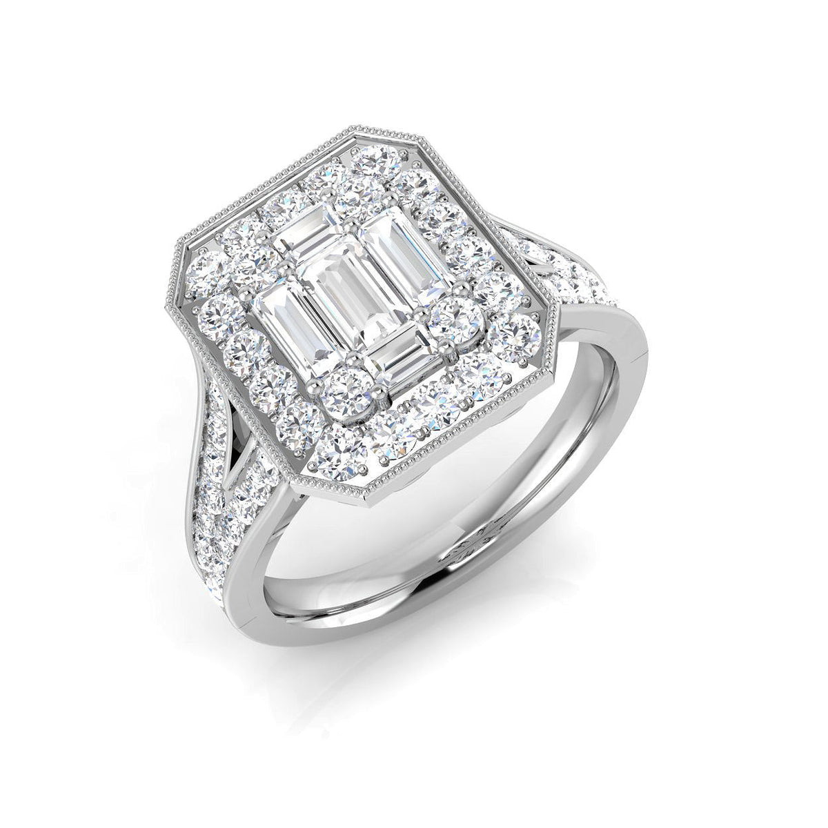 Baguette & Round Diamond Halo Style Ring with Milgrain Detail in 10K/14K gold and platinum with certified lab-grown or natural diamonds