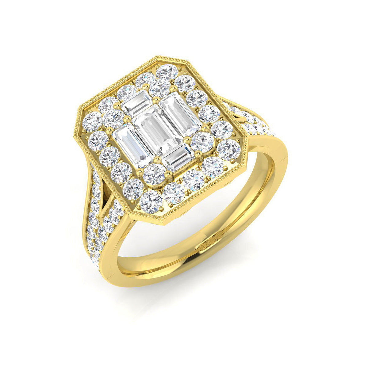 Baguette & Round Diamond Halo Style Ring with Milgrain Detail in 10K/14K gold and platinum with certified lab-grown or natural diamonds