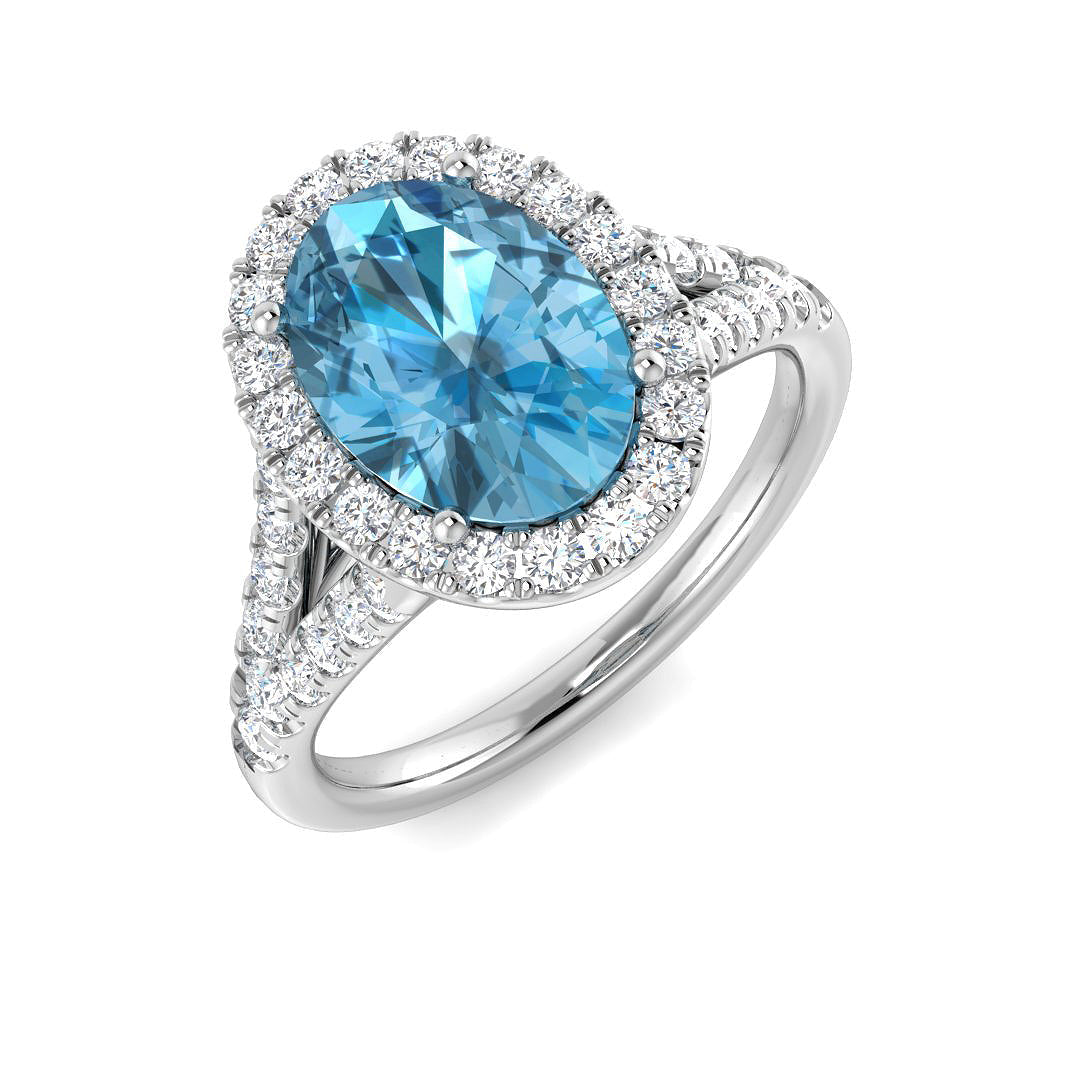 Oval Cut Blue Topaz Halo Ring with Natural Pave Diamonds in 10K/14K gold and platinum with certified lab-grown or natural diamonds