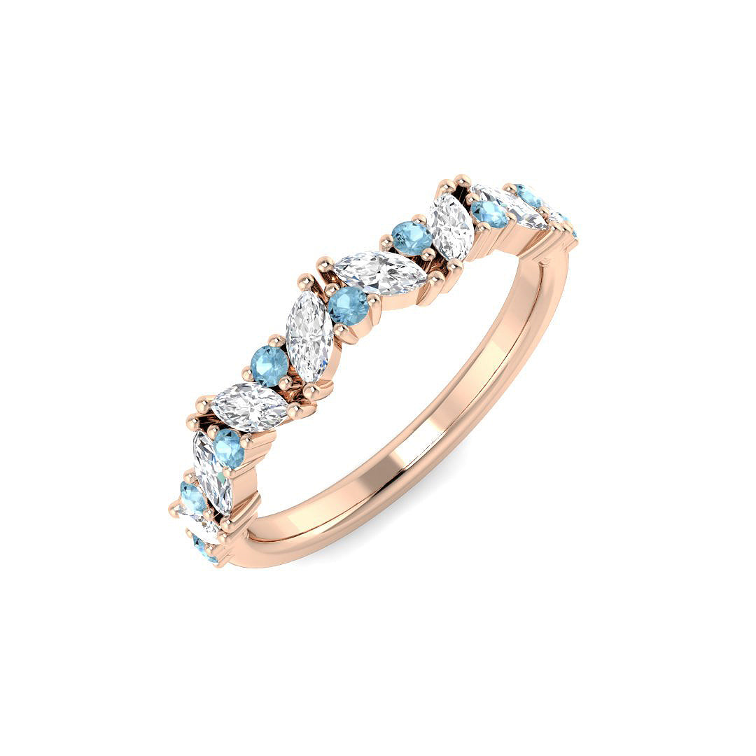 Aquamarine Half Eternity Ring with Marquise Diamonds - Gold & in 10K/14K gold and platinum with certified lab-grown or natural diamonds