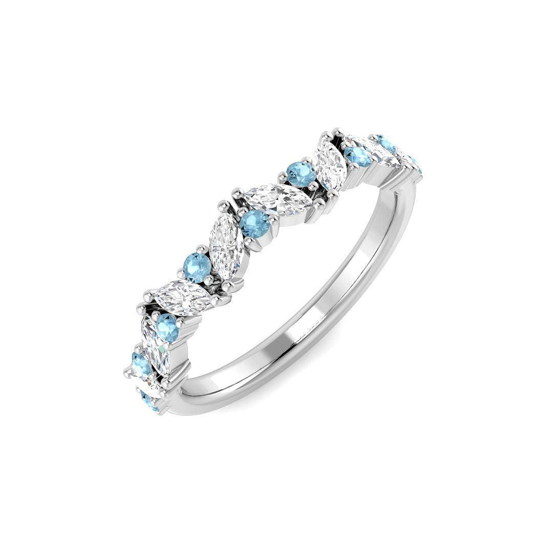 Aquamarine Half Eternity Ring with Marquise Diamonds - Gold & in 10K/14K gold and platinum with certified lab-grown or natural diamonds