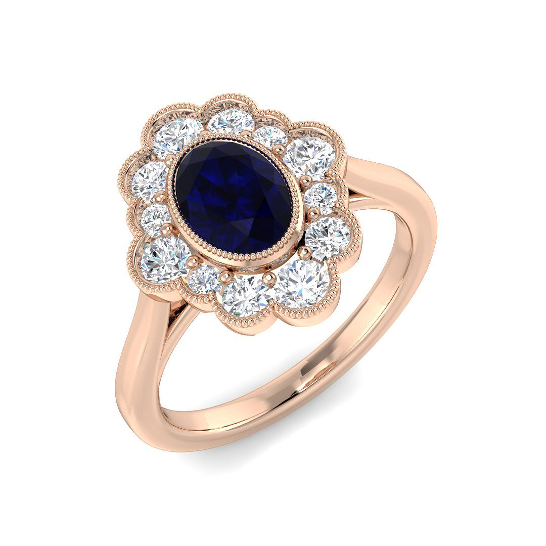 Vintage Oval Blue Sapphire Cluster Halo Ring with Milgrain Diamonds in 10K/14K gold and platinum with certified lab-grown or natural diamonds