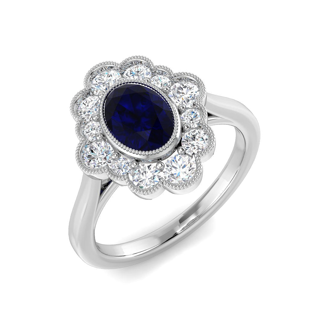 Vintage Oval Blue Sapphire Cluster Halo Ring with Milgrain Diamonds in 10K/14K gold and platinum with certified lab-grown or natural diamonds