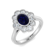 Vintage Oval Blue Sapphire Cluster Halo Ring with Milgrain Diamonds in 10K/14K gold and platinum with certified lab-grown or natural diamonds