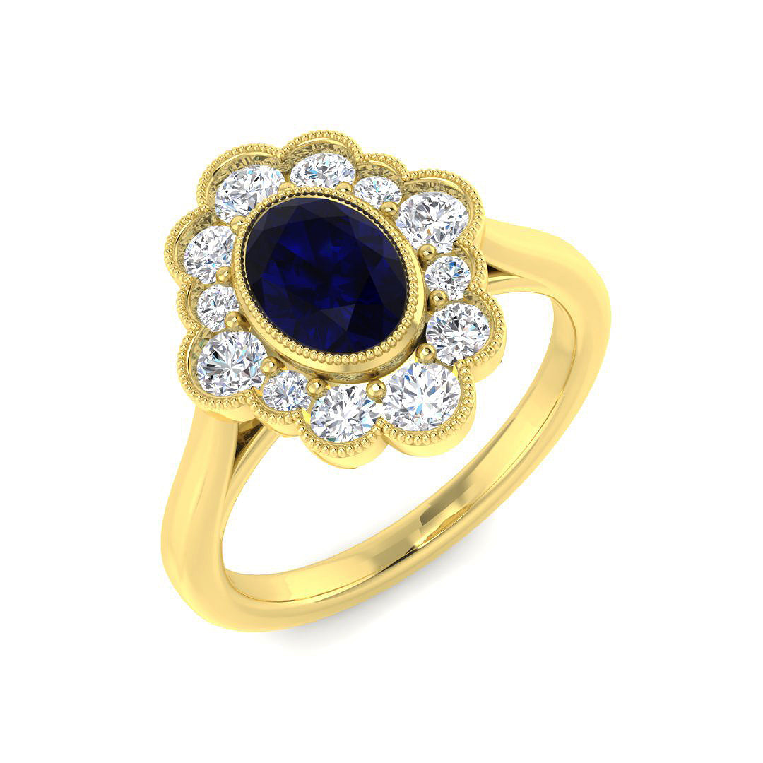 Vintage Oval Blue Sapphire Cluster Halo Ring with Milgrain Diamonds in 10K/14K gold and platinum with certified lab-grown or natural diamonds