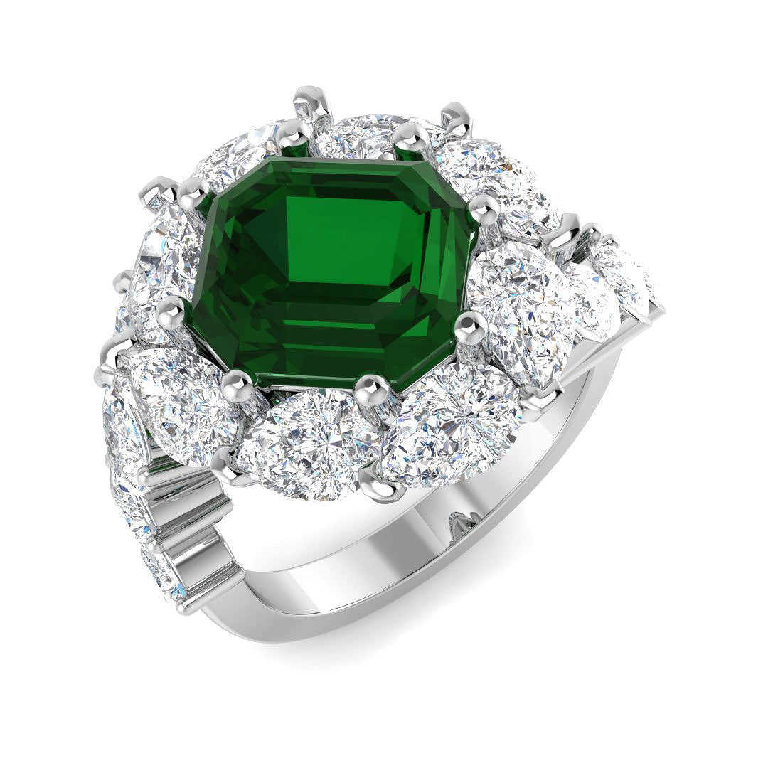 Solitaire Emerald Ring with Pear Diamond Side Stones in 10K/14K gold and platinum with certified lab-grown or natural diamonds