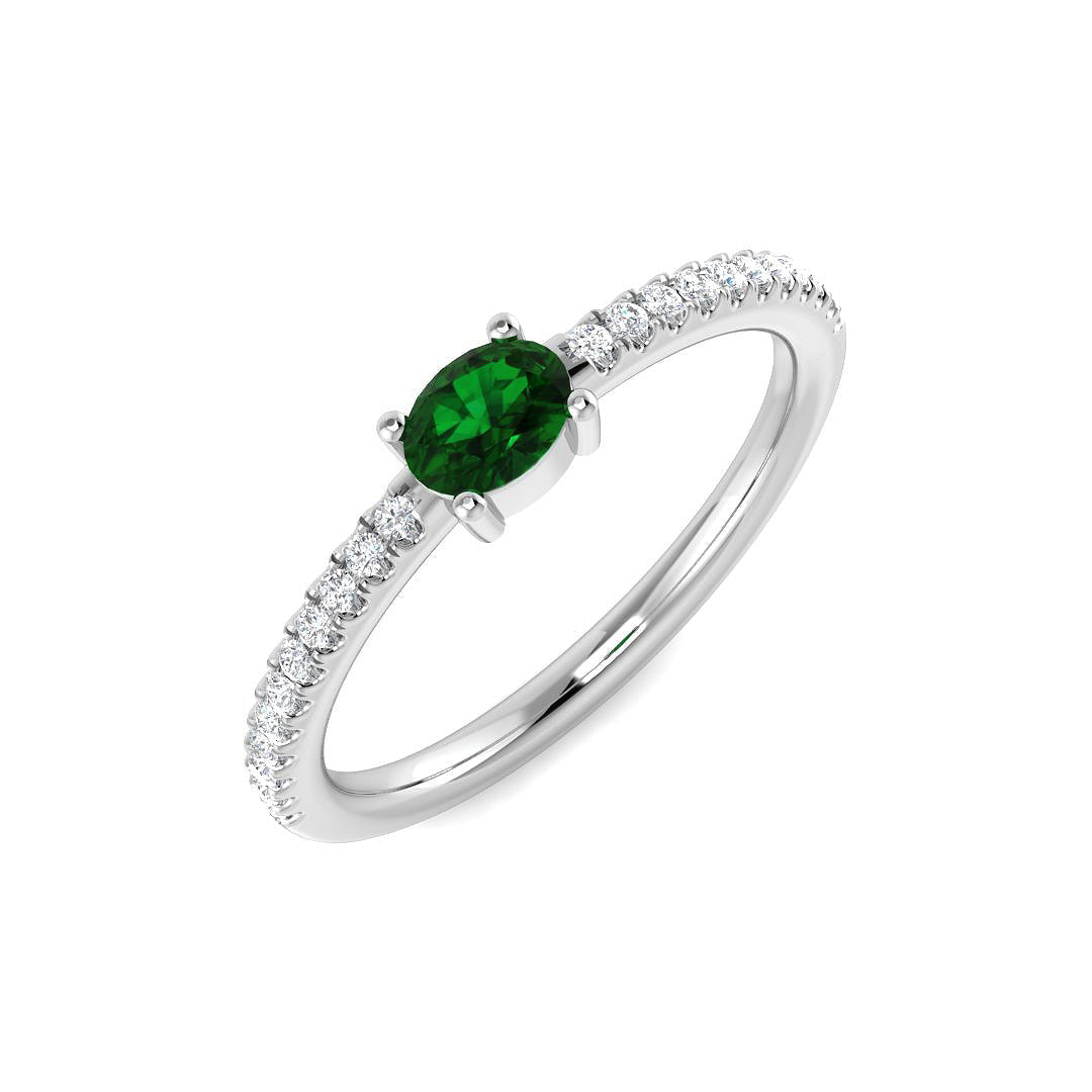 Solitaire Emerald Ring with Natural Diamond Pave Band in 10K/14K gold and platinum with certified lab-grown or natural diamonds