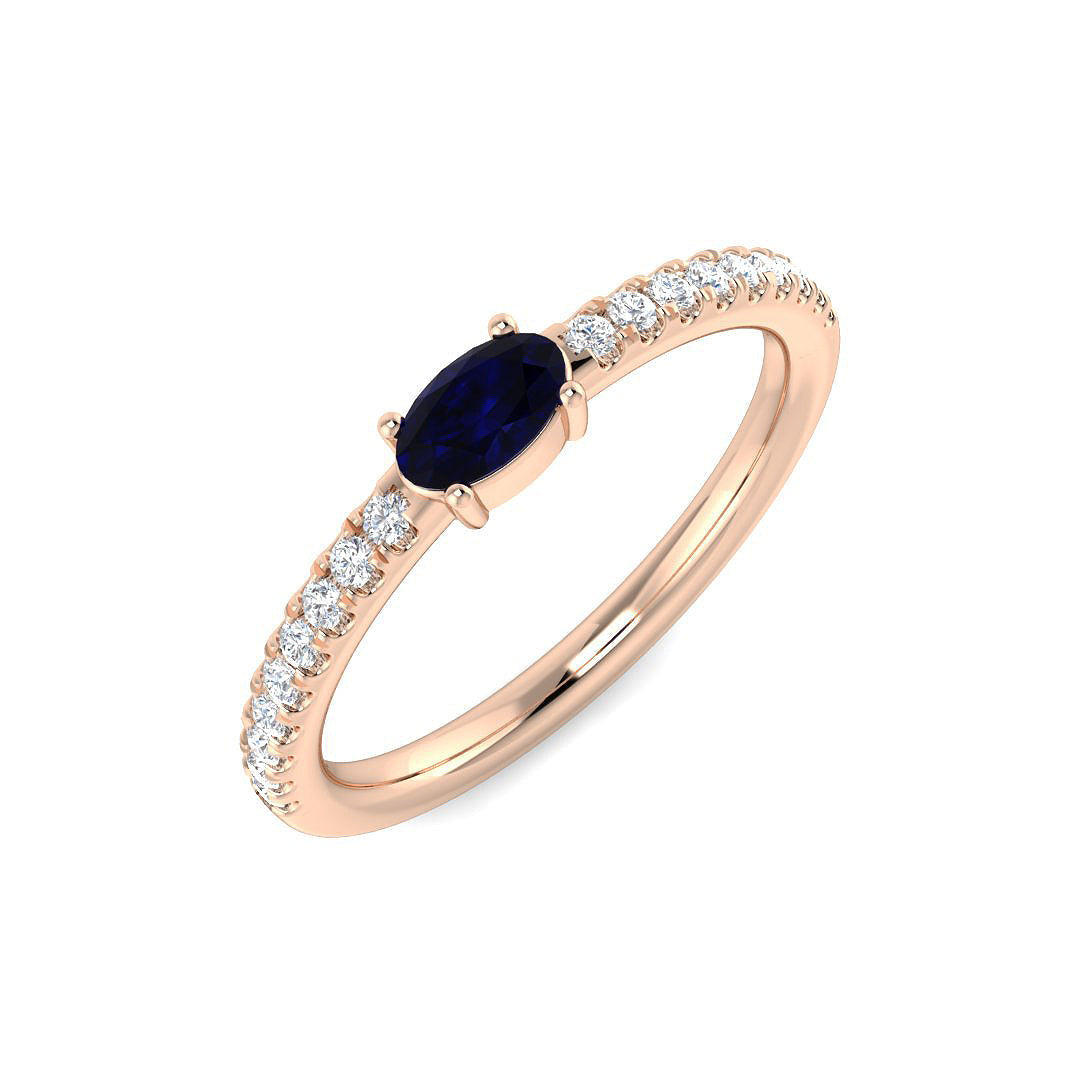 Oval Blue Sapphire Solitaire Ring with Diamond Pave Band in 10K/14K gold and platinum with certified lab-grown or natural diamonds