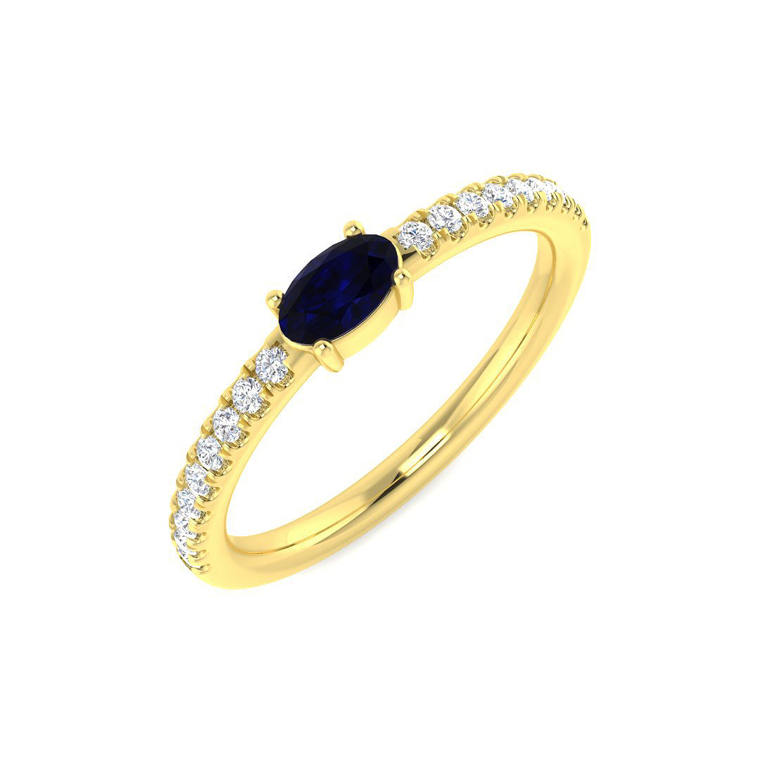 Oval Blue Sapphire Solitaire Ring with Diamond Pave Band in 10K/14K gold and platinum with certified lab-grown or natural diamonds
