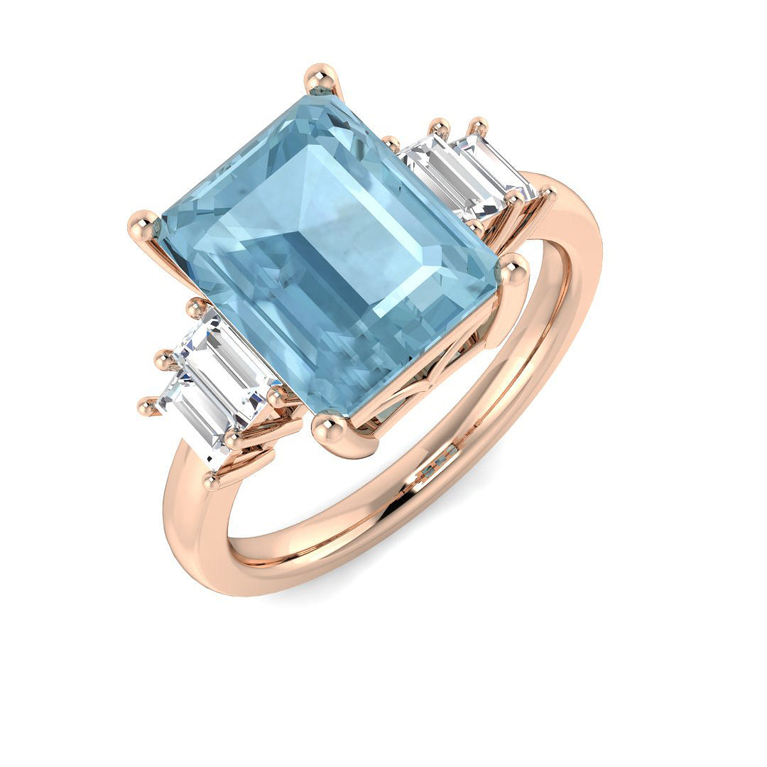 Emerald Cut Aquamarine Ring with Baguette Side Diamonds - Gemstone in 10K/14K gold and platinum with certified lab-grown or natural diamonds