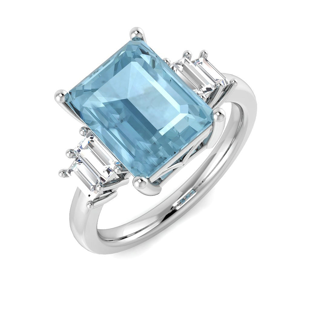 Emerald Cut Aquamarine Ring with Baguette Side Diamonds - Gemstone in 10K/14K gold and platinum with certified lab-grown or natural diamonds